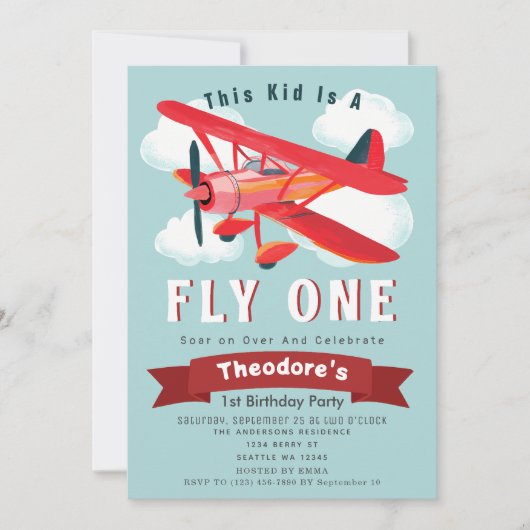 フライワン飛行機キッズ1st誕生日招待状 招待状 (正面)