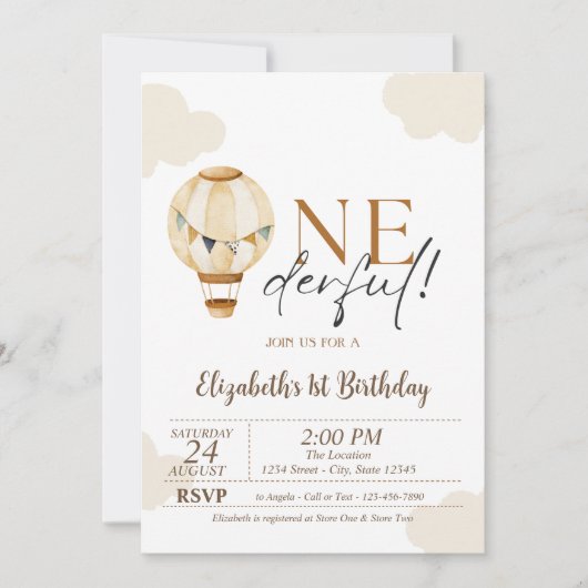 フライングバルーンと雲の1歳誕生日パーティー 招待状 (正面)