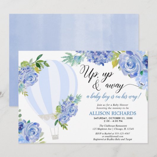 フライングバルーン　アップアップアンドアウェー　ボーイベイビーシャワー 招待状 (正面/裏面)