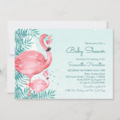 フラインゴ & パームリーフ ティールウォーターカラー ベビーシャワー 招待状 (正面)