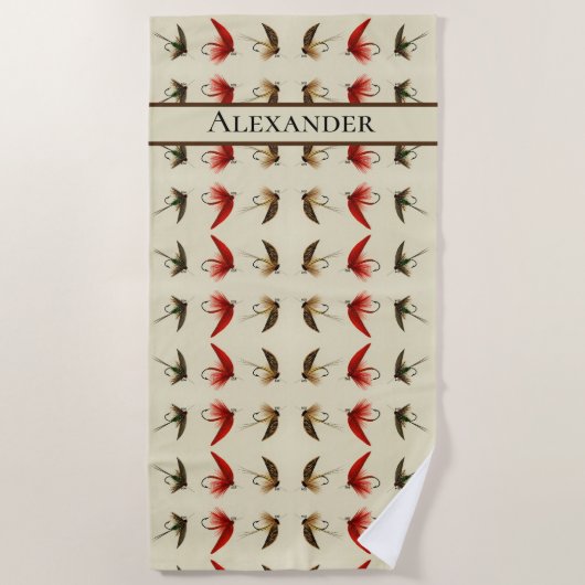 フライ素朴釣りフライヴィンテージ水彩 ビーチタオル (正面)