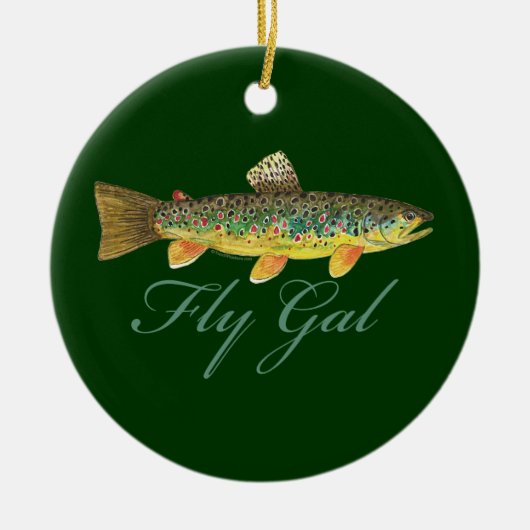 フライ釣り女性 セラミックオーナメント (正面)