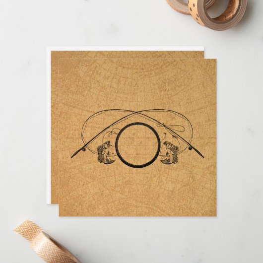 フライ釣り用アンティーク魚釣りロッドアートイラストレーション ノートカード (正面/裏面インサイチュ)