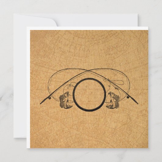 フライ釣り用アンティーク魚釣りロッドアートイラストレーション ノートカード (裏面)