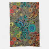 フライ、トンボを茶色で飛ぶ キッチンタオル (縦)