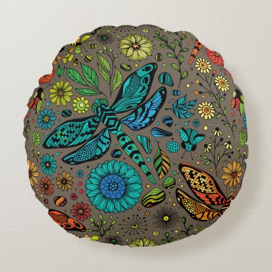 フライ、トンボを茶色で飛ぶ ラウンドクッション (正面)