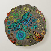 フライ、トンボを茶色で飛ぶ ラウンドクッション (裏面)