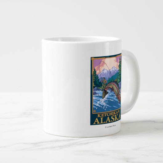 フライ·フィッシング·シーン-アラスカ·ケチカン ジャンボコーヒーマグカップ (正面右)