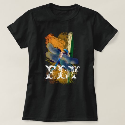「フライ」紫の青いトンボの虫絵画虫 Tシャツ (デザイン正面)