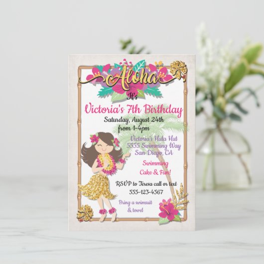 フラガールトロピカルプールパーティー誕生日招待状 招待状 (スタンド正面)