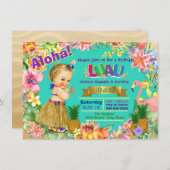 フラガールフラミンゴハワイアンルアウ(ハワイ式宴会)誕生日パーティー 招待状 (正面/裏面)