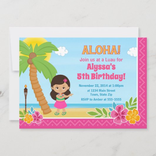 フラガール誕生日招待状ルアウ(ハワイ式宴会)招待状 招待状 (正面)