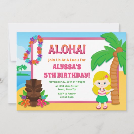 フラガール誕生日招待状ルアウ(ハワイ式宴会)招待状 招待状 (正面)