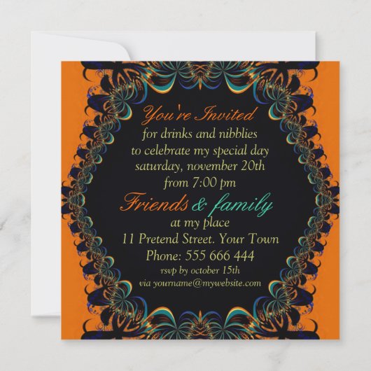 フラクタルのろうけつ染めのレースのバースデーパーティ招待状 招待状 (裏面)