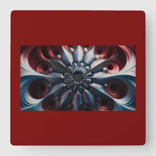 フラクタルを描いた赤と銀のジュリアボット スクエア壁時計 (正面)