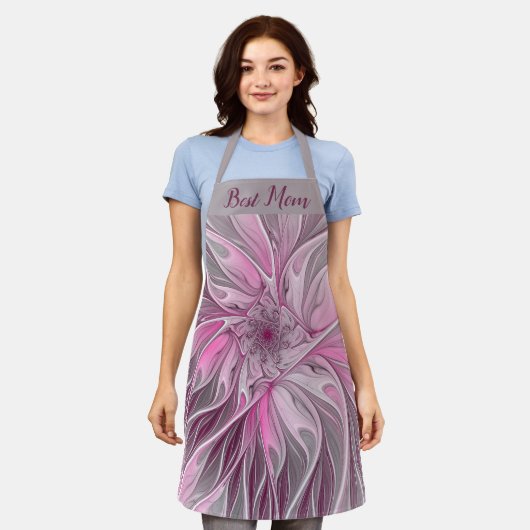フラクタルピンクの花の夢、フローラファンタジー最高のママ エプロン (着用した状態)