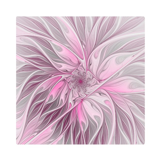 フラクタルピンクフラワードリーム、フローラファンタジーパターン メタルプリント (正面)