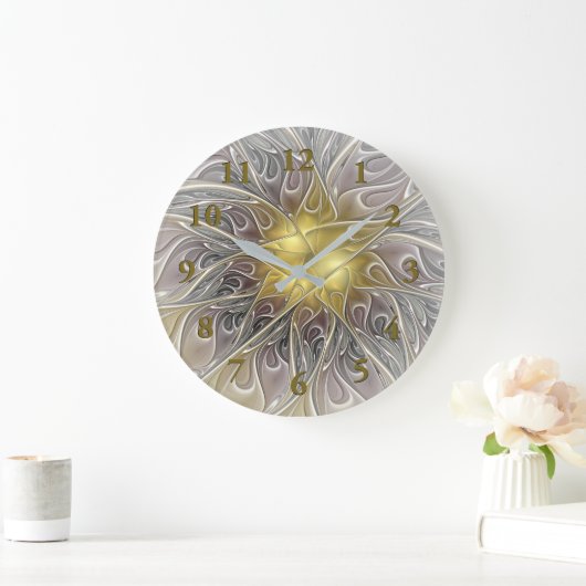 フラクタルフラワーを金ゴールドモダン抽象芸術で飾る ラージ壁時計 (ホーム)