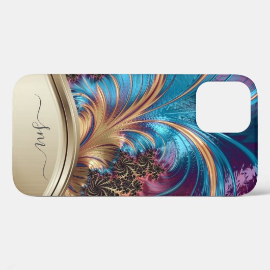 フラクタルモダンブルー金ゴールド手書きモノグラム Case-Mate iPhoneケース (裏面 (横))