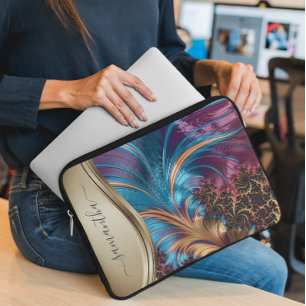 フラクタルモダンルブルー金ゴールド手書き名Case-Mat ラップトップスリーブ