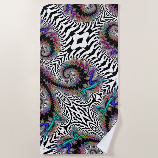 フラクタルレインボースパイラル白黒抽象芸術 ビーチタオル (正面)