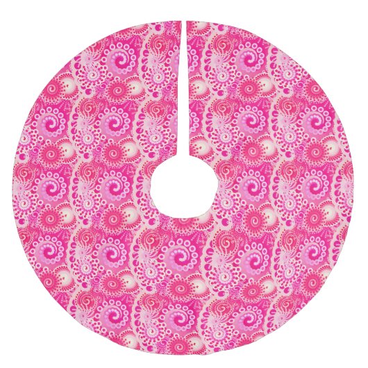 フラクタル旋回パターン、明るい赤紫色ピンク ブラッシュドポリエステルツリースカート (正面)