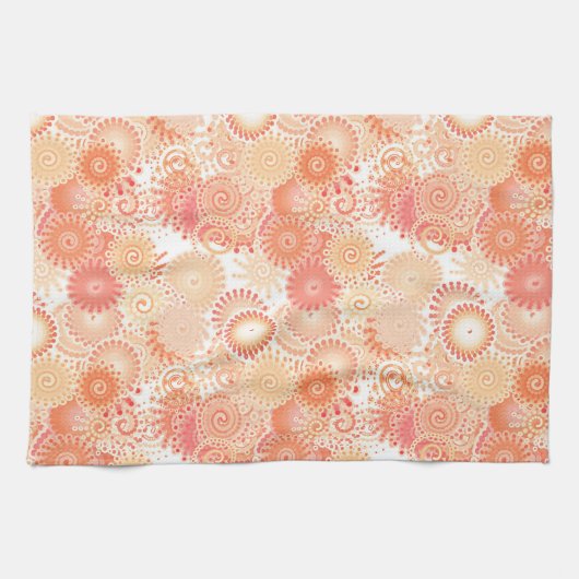 フラクタル旋回パターン、珊瑚と桃の色合い キッチンタオル (横)