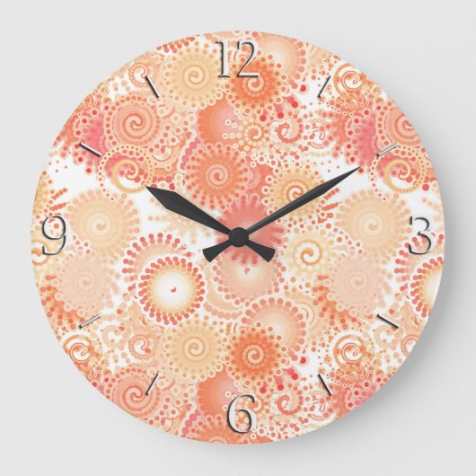 フラクタル旋回パターン、珊瑚と桃の色合い ラージ壁時計 (正面)