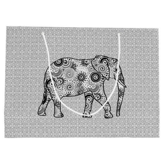 フラクタル旋回象、グレー、白黒 ラージペーパーバッグ (裏面)