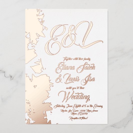 フラクタル赤面結婚金ゴールドの押し込み 箔招待状 (正面)