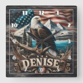 フラグの背景を持つ枝の上にワシ スクエア壁時計 (正面)