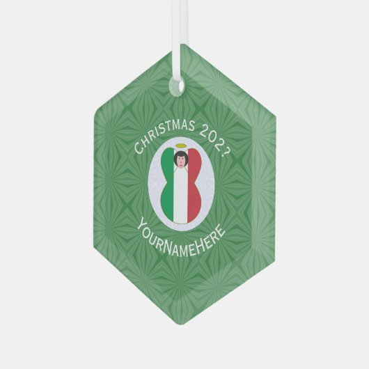 フラグイタリアンクリスマス天使の名前の年の六角形 ガラスオーナメント (正面左)