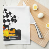 フラグ付きイエローレース市松模様にカー キッチンタオル (四つ折り)