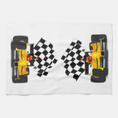 フラグ付きイエローレース市松模様にカー キッチンタオル (横)