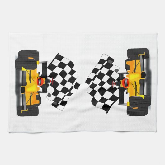 フラグ付きイエローレース市松模様にカー キッチンタオル (横)