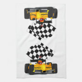 フラグ付きイエローレース市松模様にカー キッチンタオル (縦)