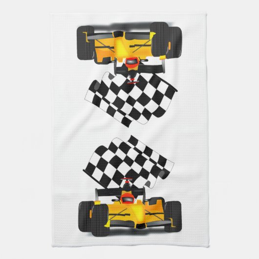 フラグ付きイエローレース市松模様にカー キッチンタオル (縦)