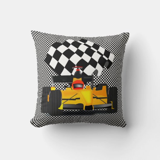 フラグ付きイエローレース市松模様にカー クッション (正面)