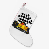 フラグ付きイエローレース市松模様にカー スモールクリスマスストッキング (正面 (吊り時))