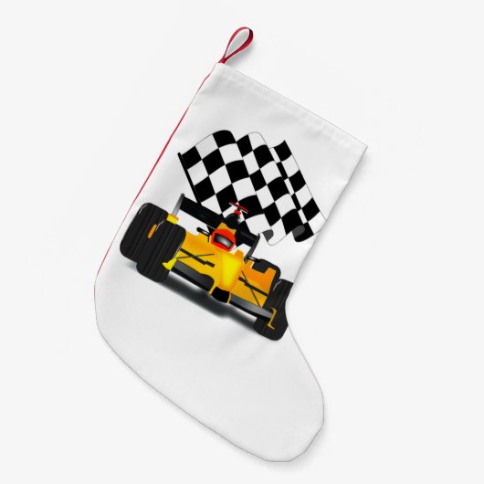 フラグ付きイエローレース市松模様にカー スモールクリスマスストッキング (正面 (吊り時))