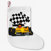 フラグ付きイエローレース市松模様にカー スモールクリスマスストッキング (正面)