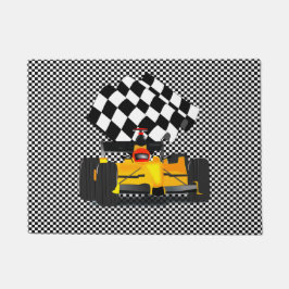 フラグ付きイエローレース市松模様にカー ドアマット