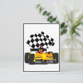 フラグ付きイエローレース市松模様にカー ポストカード (スタンド正面)