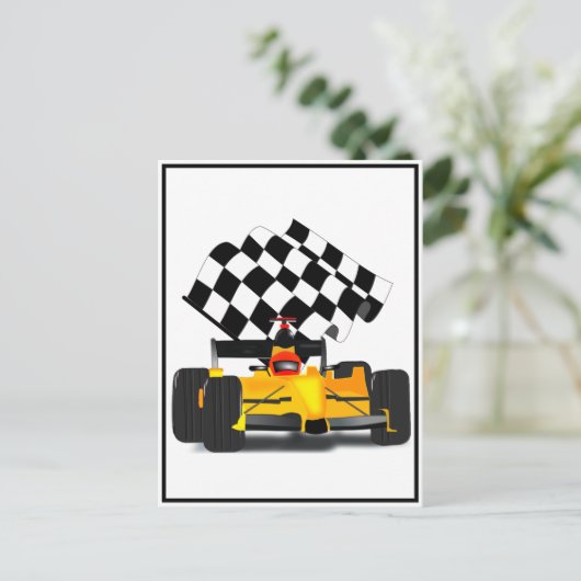 フラグ付きイエローレース市松模様にカー ポストカード (スタンド正面)