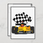 フラグ付きイエローレース市松模様にカー ポストカード (正面/裏面)