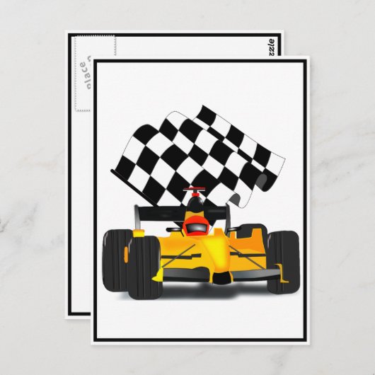 フラグ付きイエローレース市松模様にカー ポストカード (正面/裏面)