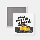 フラグ付きイエローレース市松模様にカー マグネット (正面/裏面)