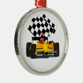 フラグ付きイエローレース市松模様にカー メタルオーナメント (右)