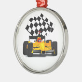 フラグ付きイエローレース市松模様にカー メタルオーナメント (左)