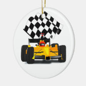 フラグ付きイエローレース市松模様にカー メタルオーナメント (左)
